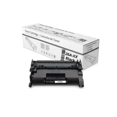 Cartucho de tóner negro delante de su caja blanca con etiqueta 26A-XX Black y dibujo del cartucho