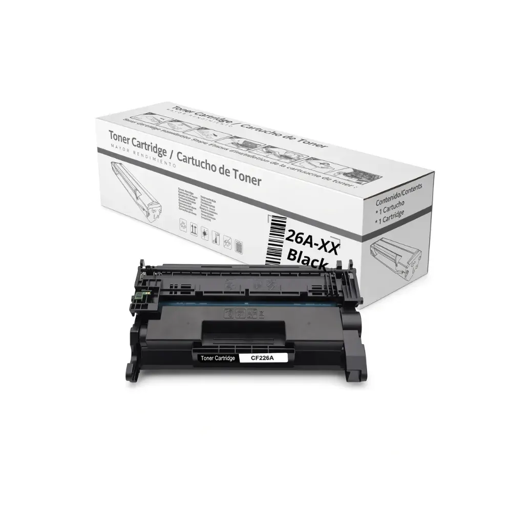 Cartucho de tóner negro delante de su caja blanca con etiqueta 26A-XX Black y dibujo del cartucho