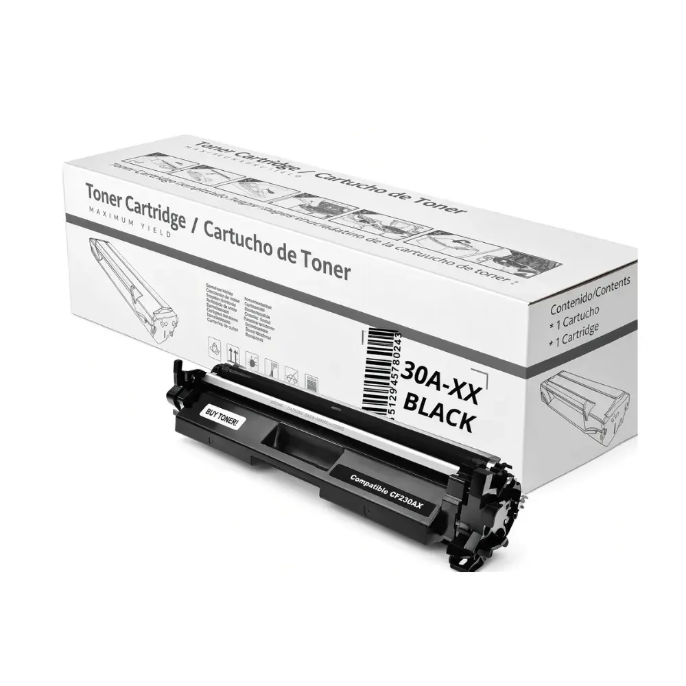 Cartucho de tóner negro delante de su caja blanca con etiqueta 30A-XX Black
