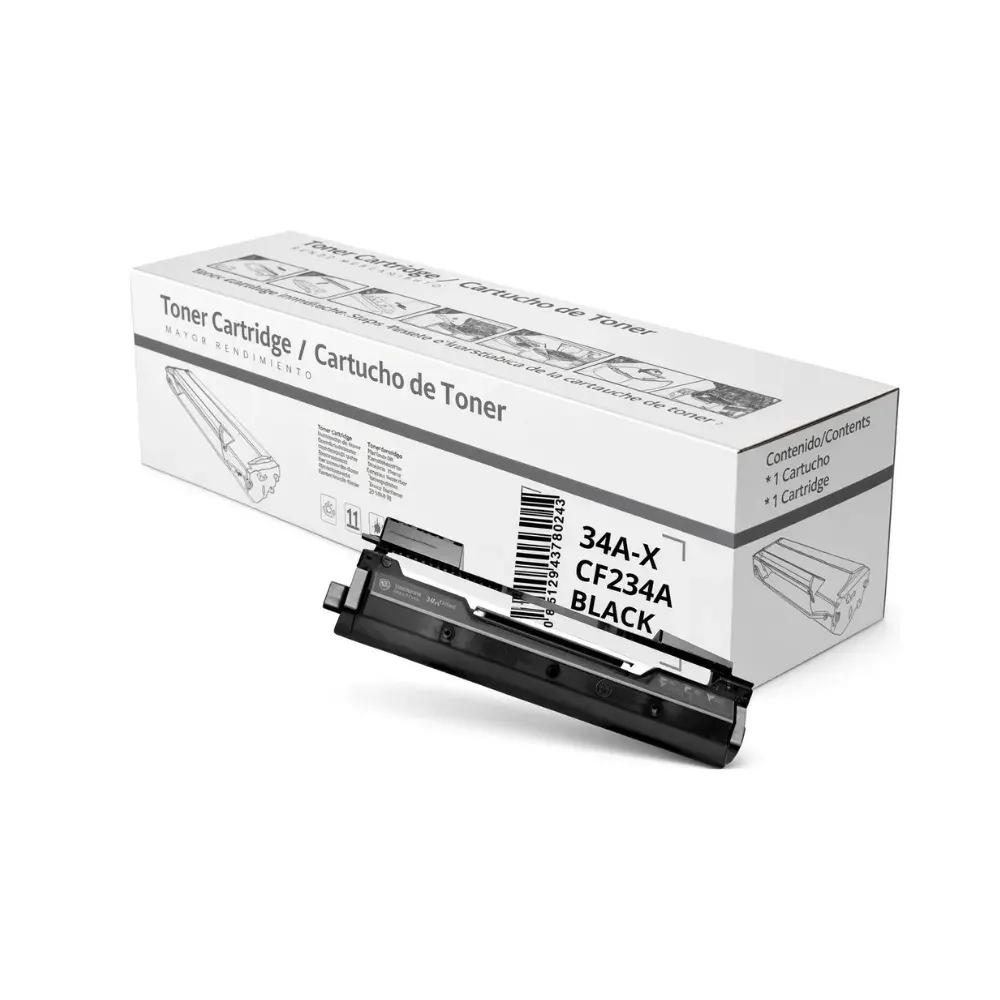 Tambor de imagen negro delante de su caja blanca con etiqueta 34A-X CF234A Black