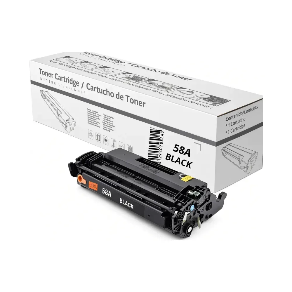 Cartucho de tóner negro con etiqueta 58A Black delante de su caja blanca