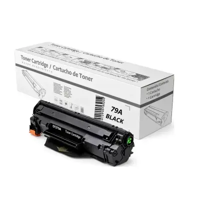 Cartucho de tóner negro con etiqueta CF279A delante de su caja blanca con etiqueta 79A Black