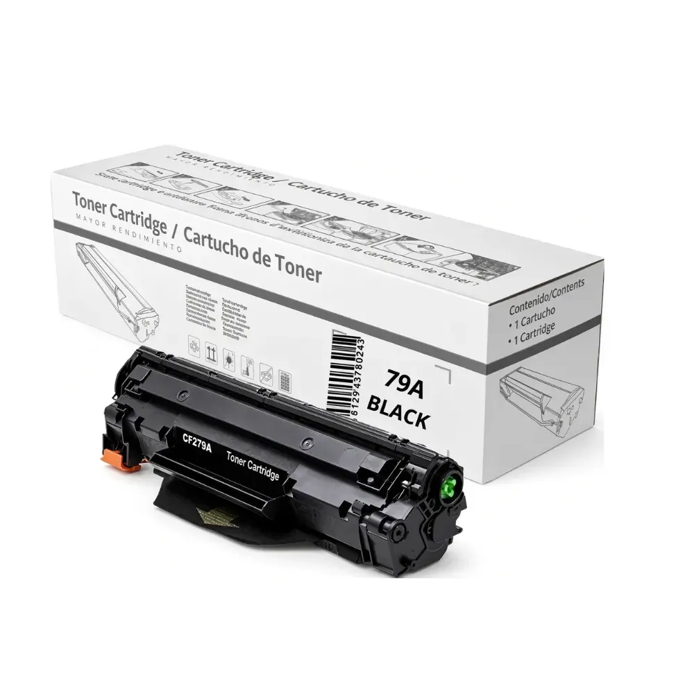 Cartucho de tóner negro con etiqueta CF279A delante de su caja blanca con etiqueta 79A Black