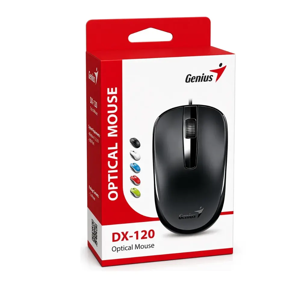 Caja roja y blanca del mouse óptico Genius DX-120 con el mouse negro al frente