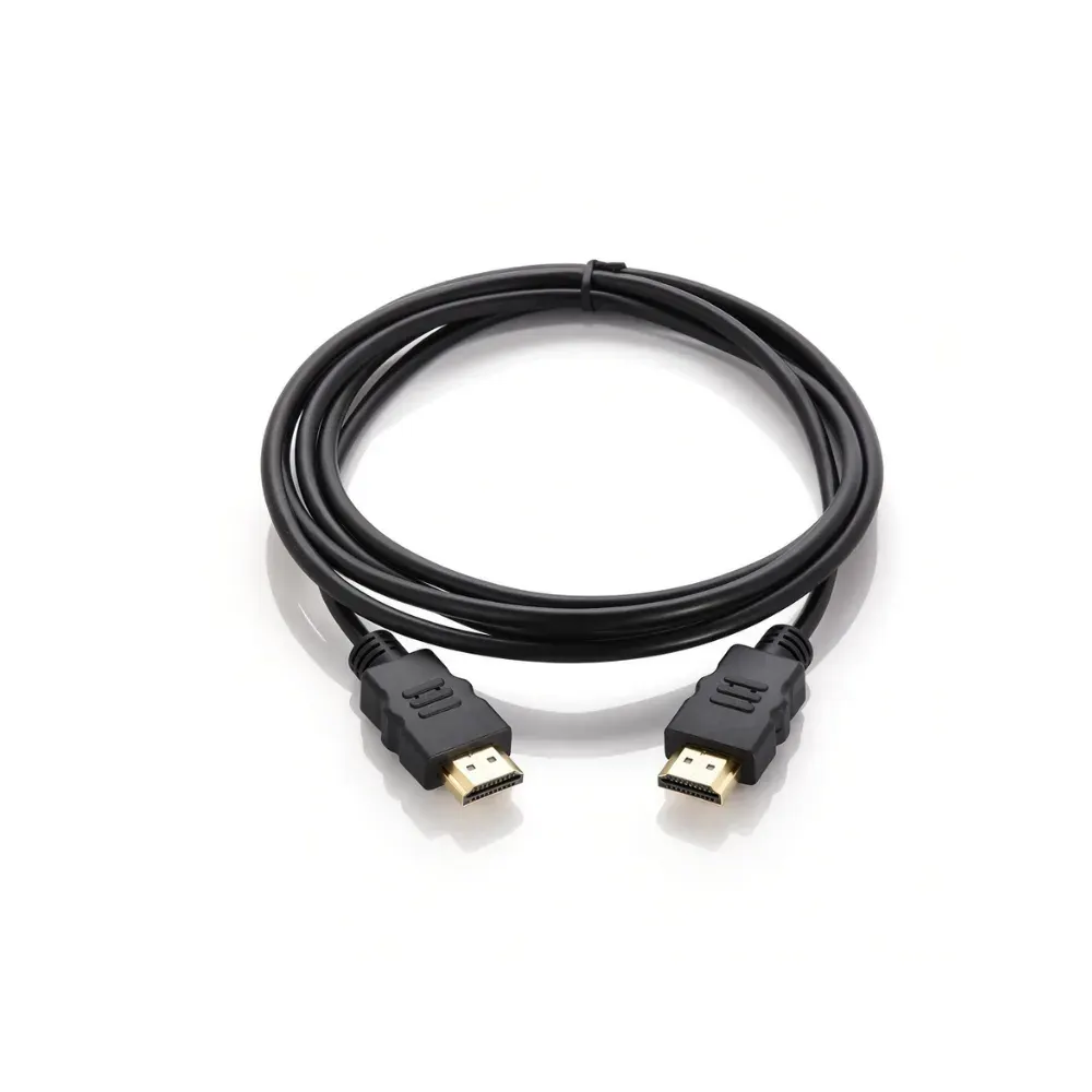 Cable HDMI negro enrollado con sus dos conectores dorados al frente, sobre fondo blanco