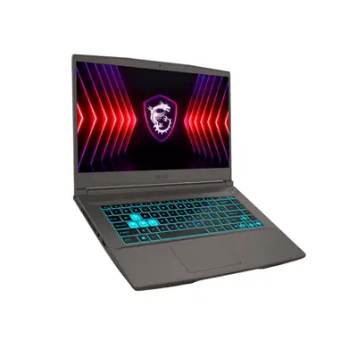 Portátil gamer MSI Thin 15 abierto en ángulo frontal con teclado retroiluminado azul encendido